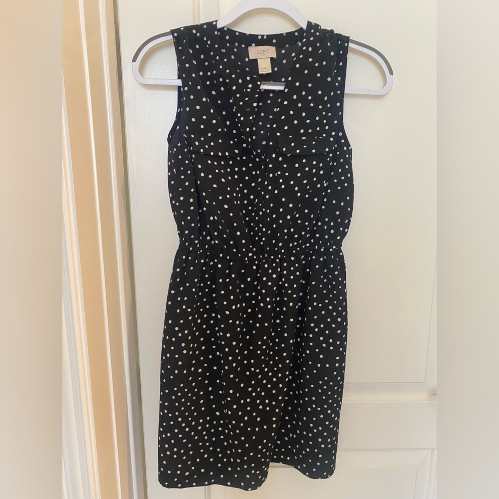 LOFT Black Midi Dress with White Polka Dots
